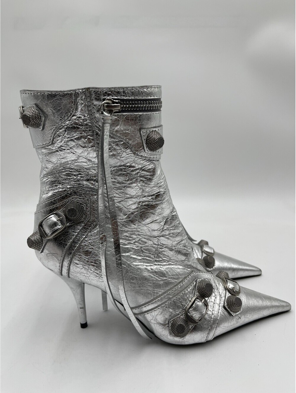 Balenciaga Le Cagole studded crinkled-leather ankle boots in silver Size 37.5